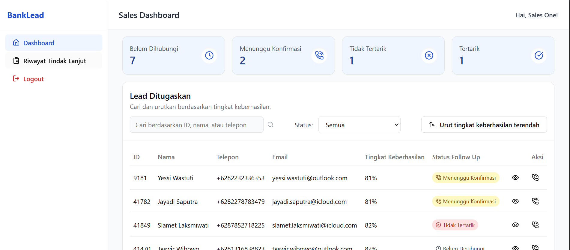 A focused sales workspace, from assignment to follow-up